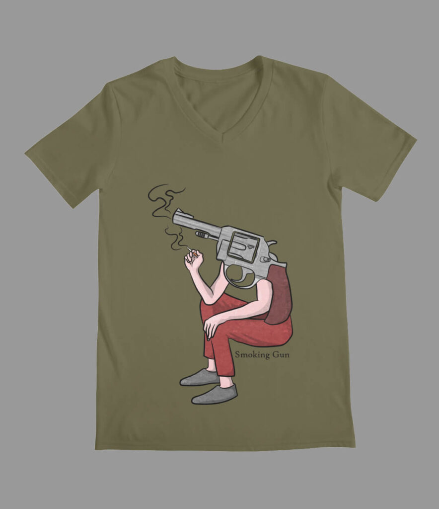 A cartoon image of a revolver pistol with human limbs smoking a cigarette. The words "smoking gun" written under it.